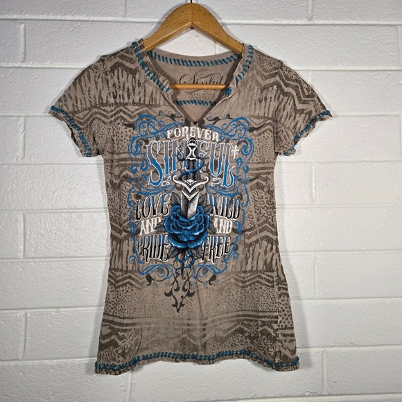 Sinful by Affliction Tops - Sinful Affliction Y2K Style Dagger Rose‎ Embroidered Large T Shirt Grunge Biker